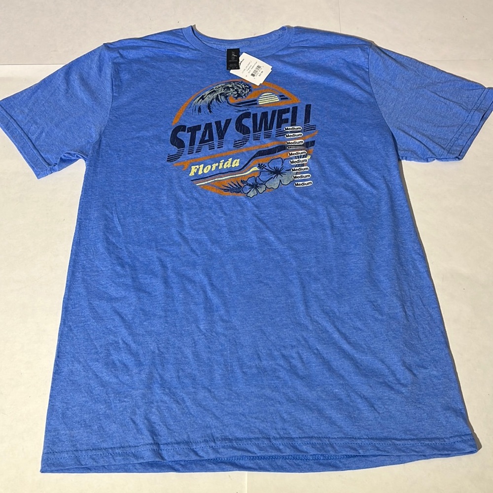 Mens Stay Swell Florida t-shirt medium bright blue waves hibiscus flowers NEW